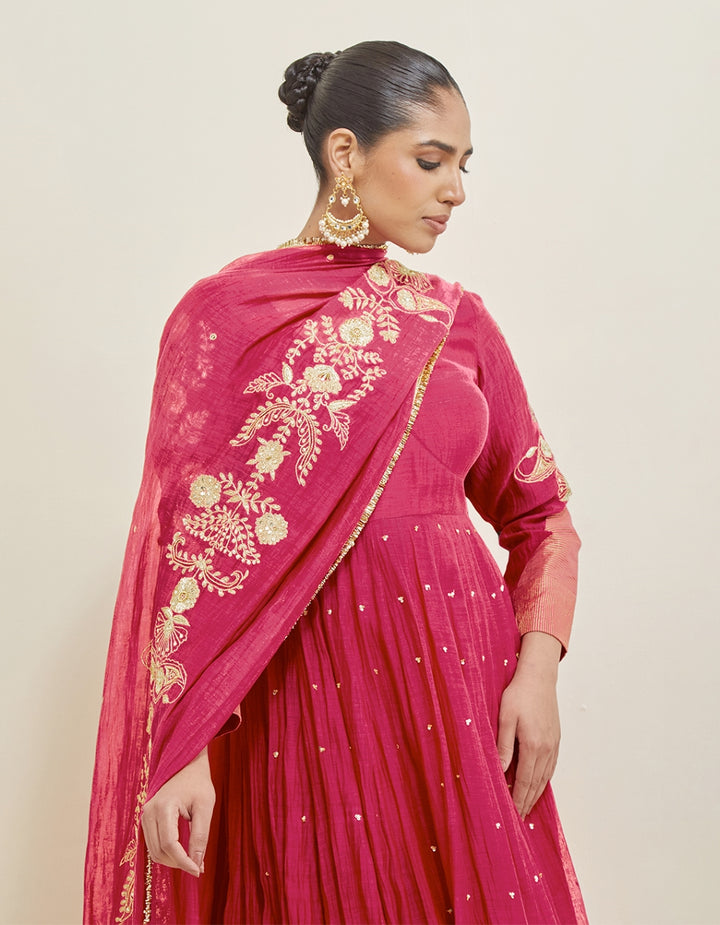 Mulberry Pink Embroidered Chanderi Anarkali Set