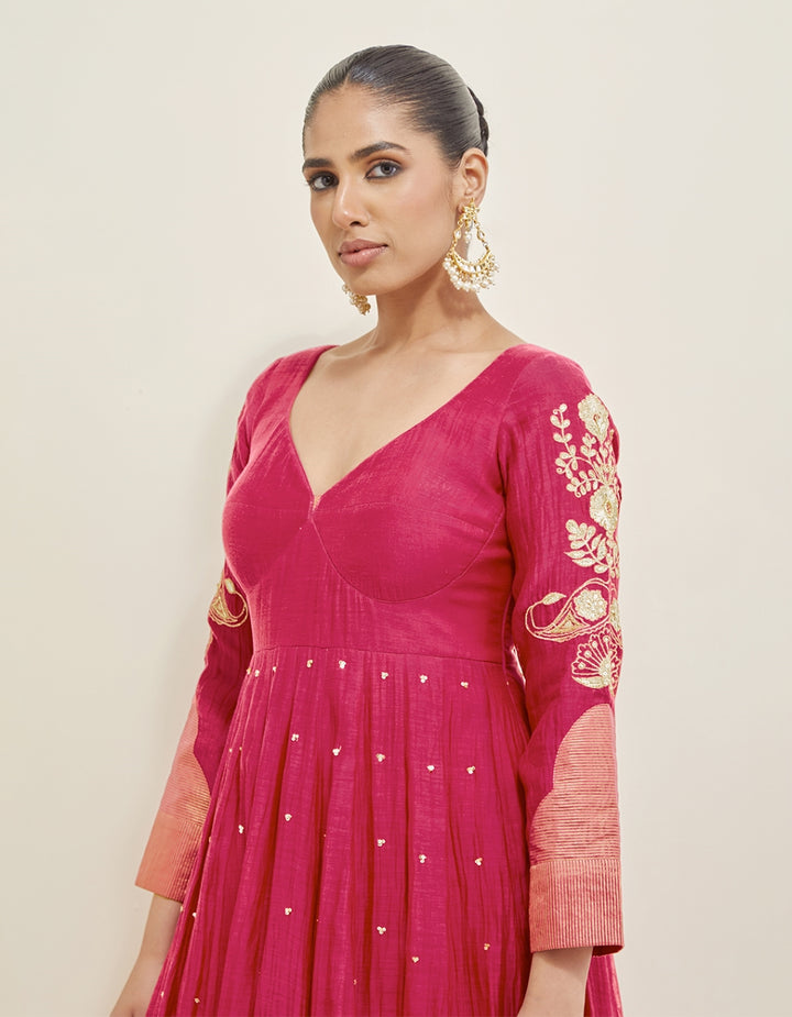 Mulberry Pink Embroidered Chanderi Anarkali Set