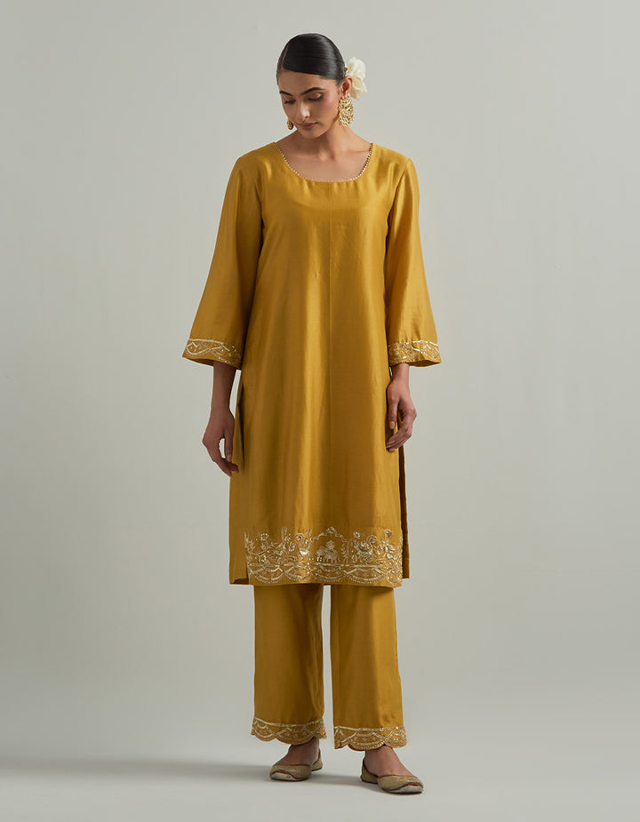 Mustard Chanderi Suit With Pant And Organza Dupatta