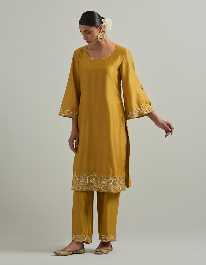 Mustard Chanderi Suit With Pant And Organza Dupatta
