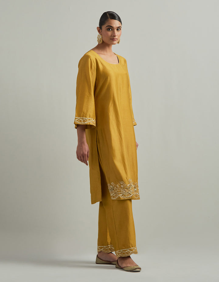Mustard Chanderi Suit With Pant And Organza Dupatta