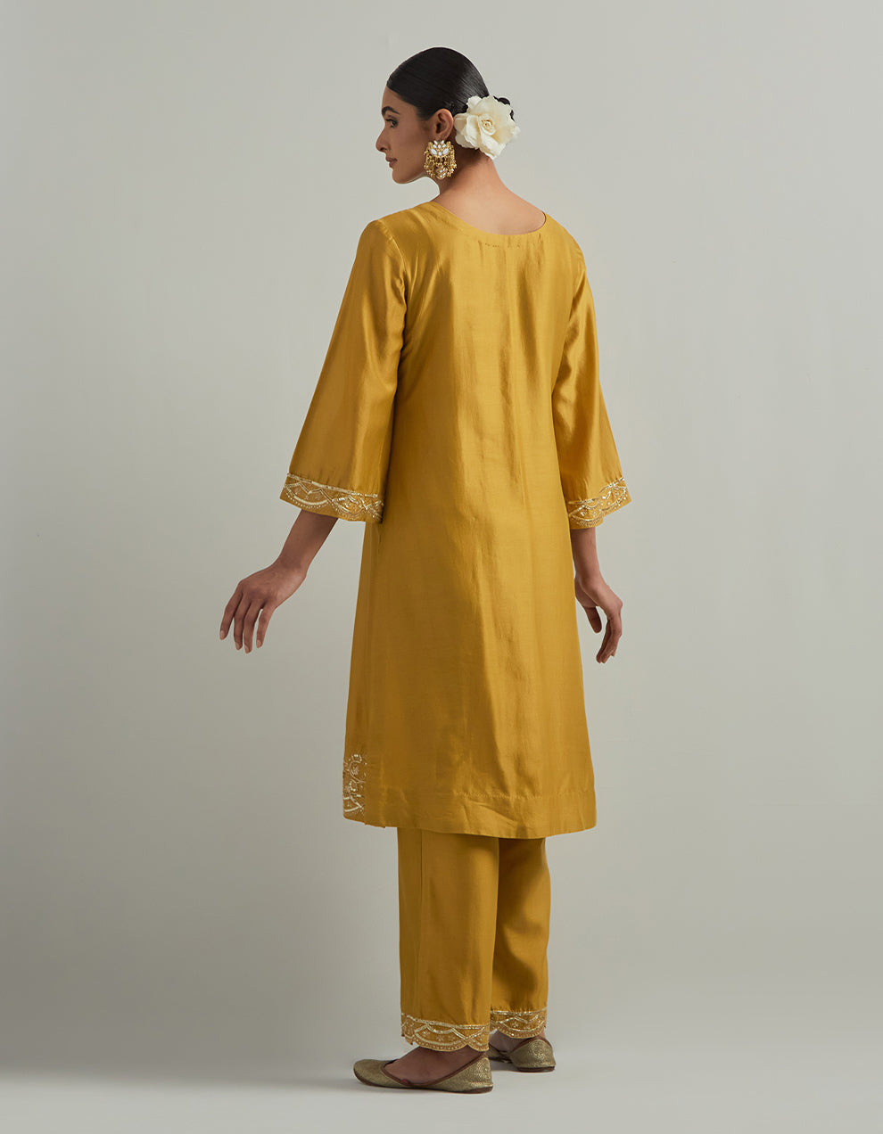 Mustard Chanderi Suit With Pant And Organza Dupatta