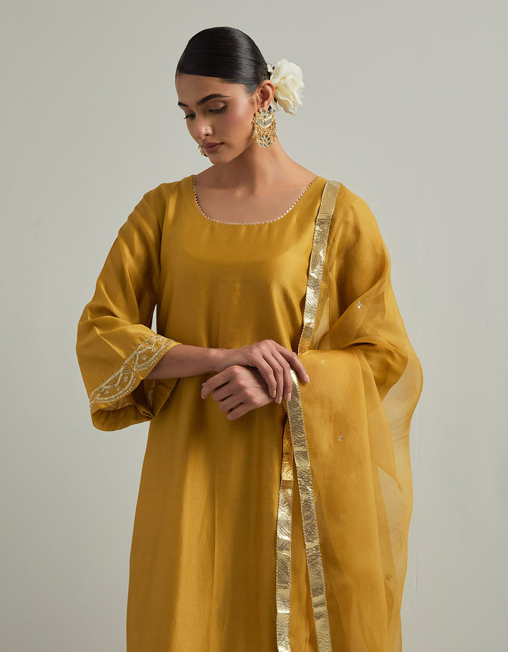 Mustard Chanderi Suit With Pant And Organza Dupatta