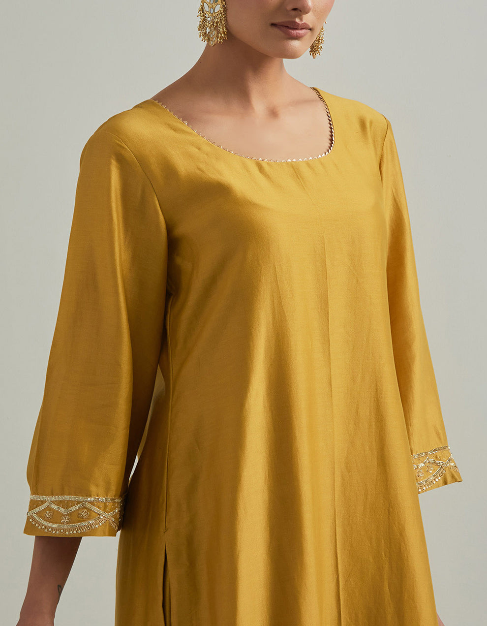 Mustard Chanderi Suit With Pant And Organza Dupatta