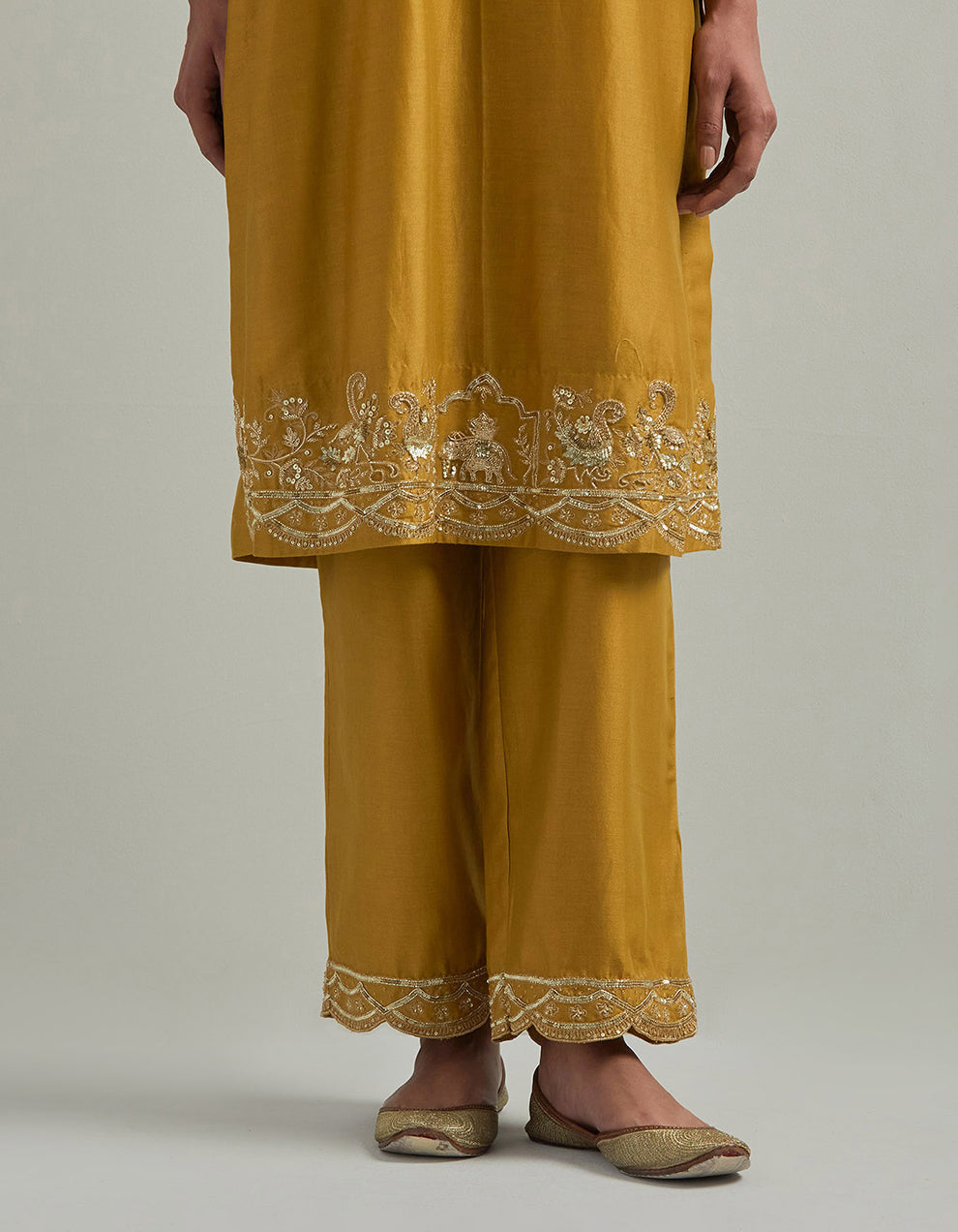 Mustard Chanderi Suit With Pant And Organza Dupatta