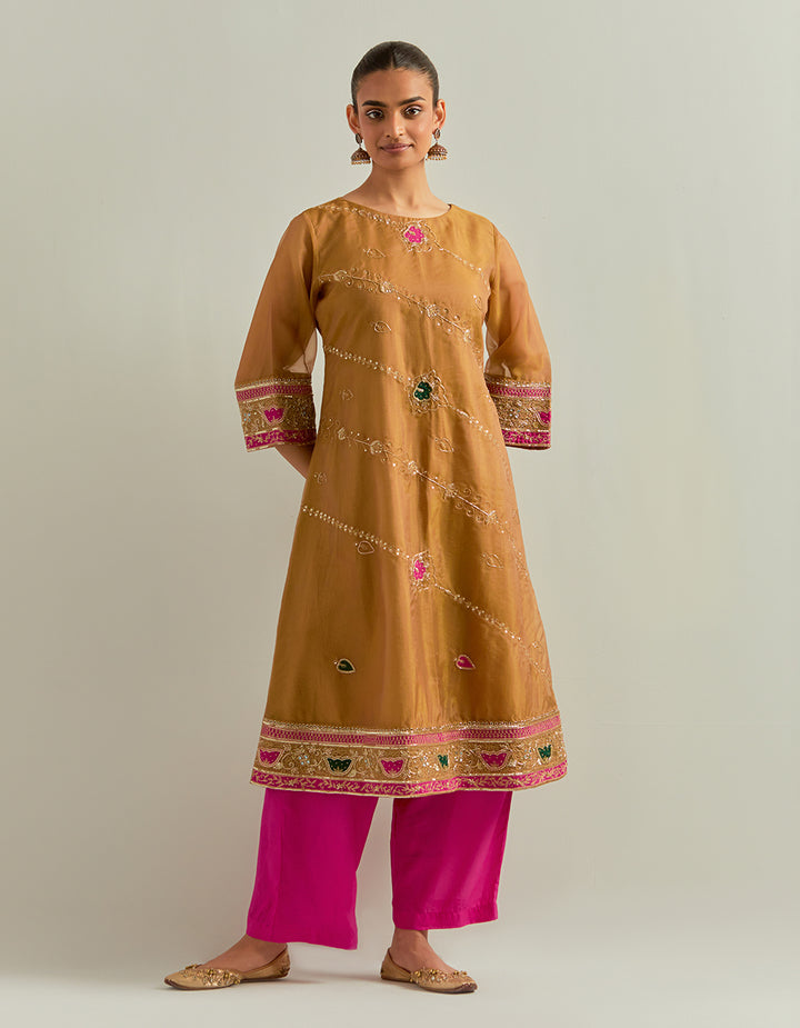 Mustard Hand Embroidered Shimmer Organza Suit Set