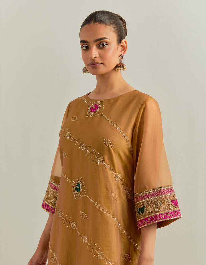Mustard Hand Embroidered Shimmer Organza Suit Set
