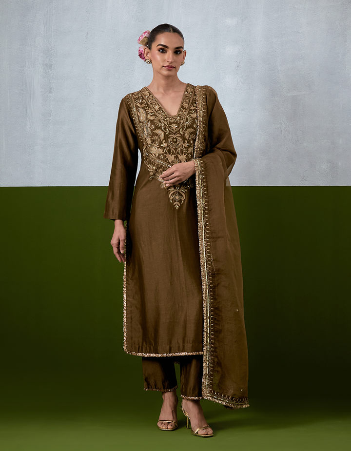 Olive Green Embroidered Suit Set