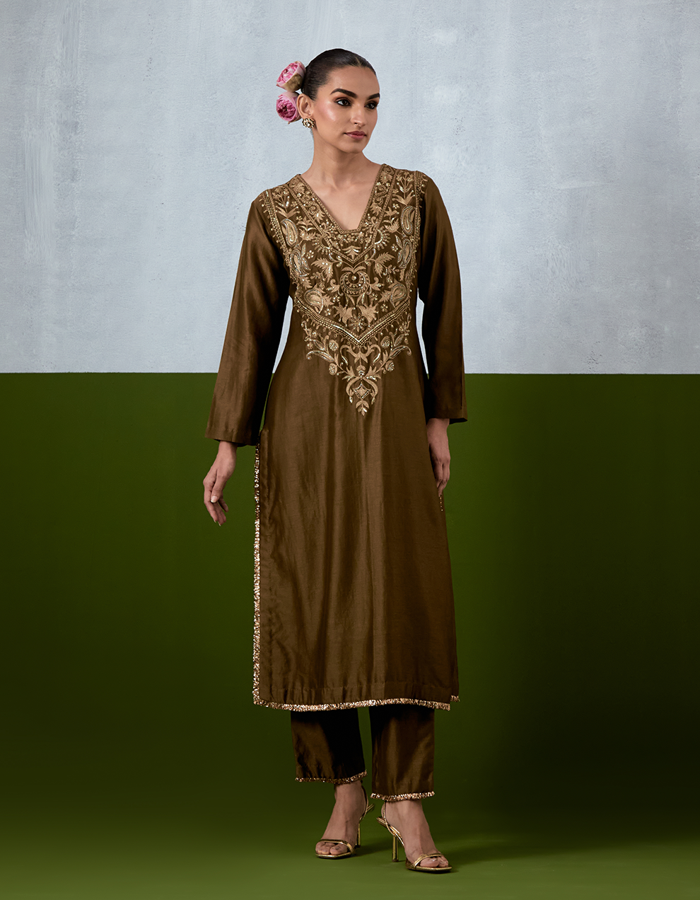 Olive Green Embroidered Suit Set