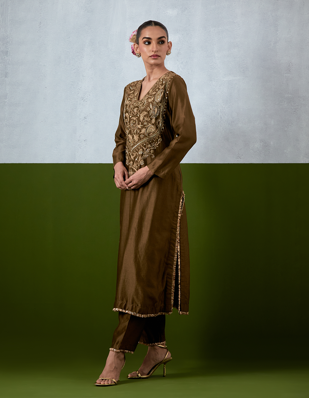 Olive Green Embroidered Suit Set