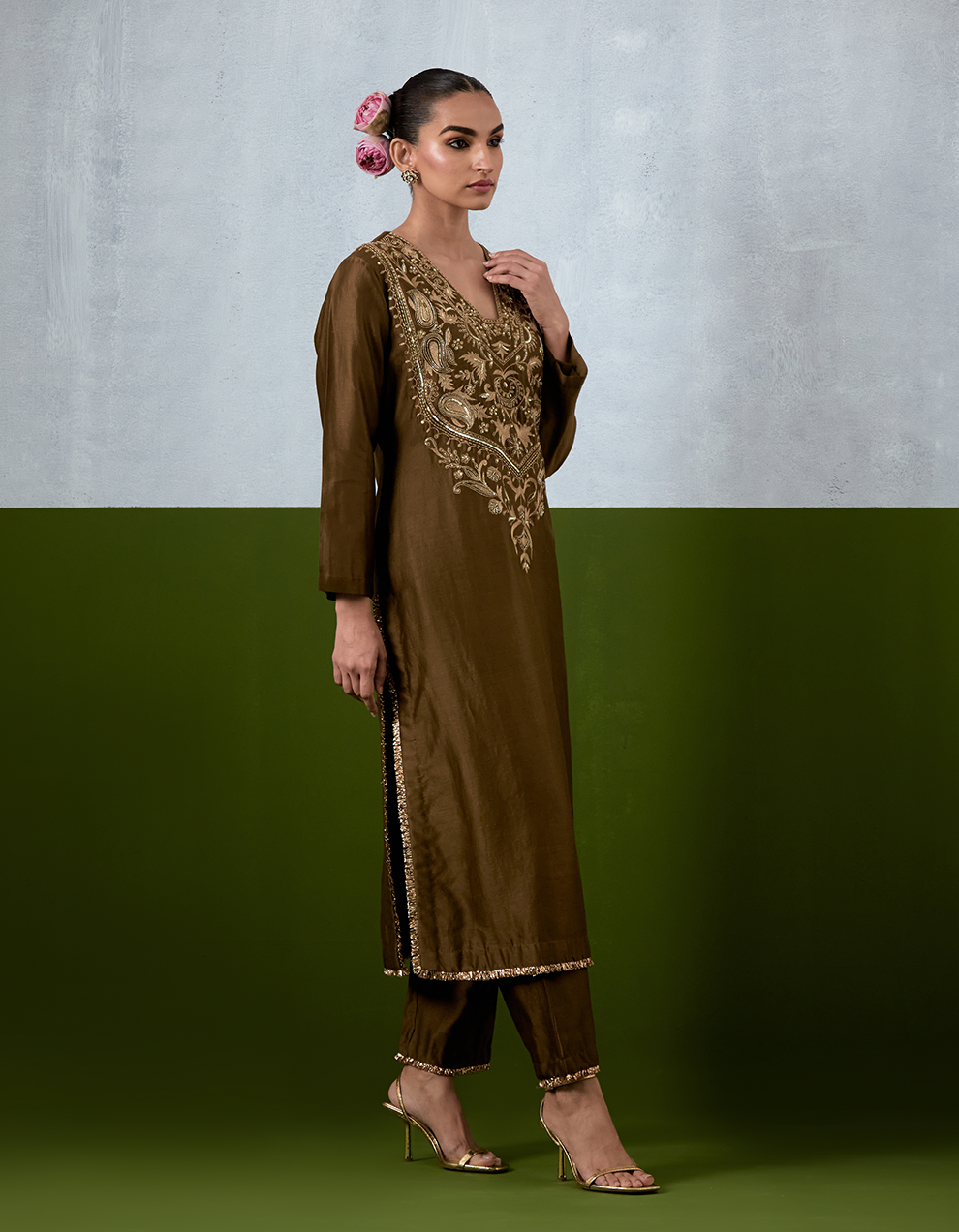 Olive Green Embroidered Suit Set
