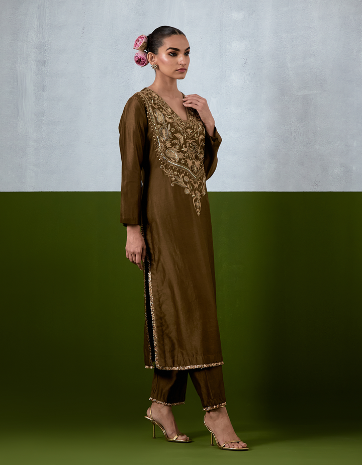 Olive Green Embroidered Suit Set