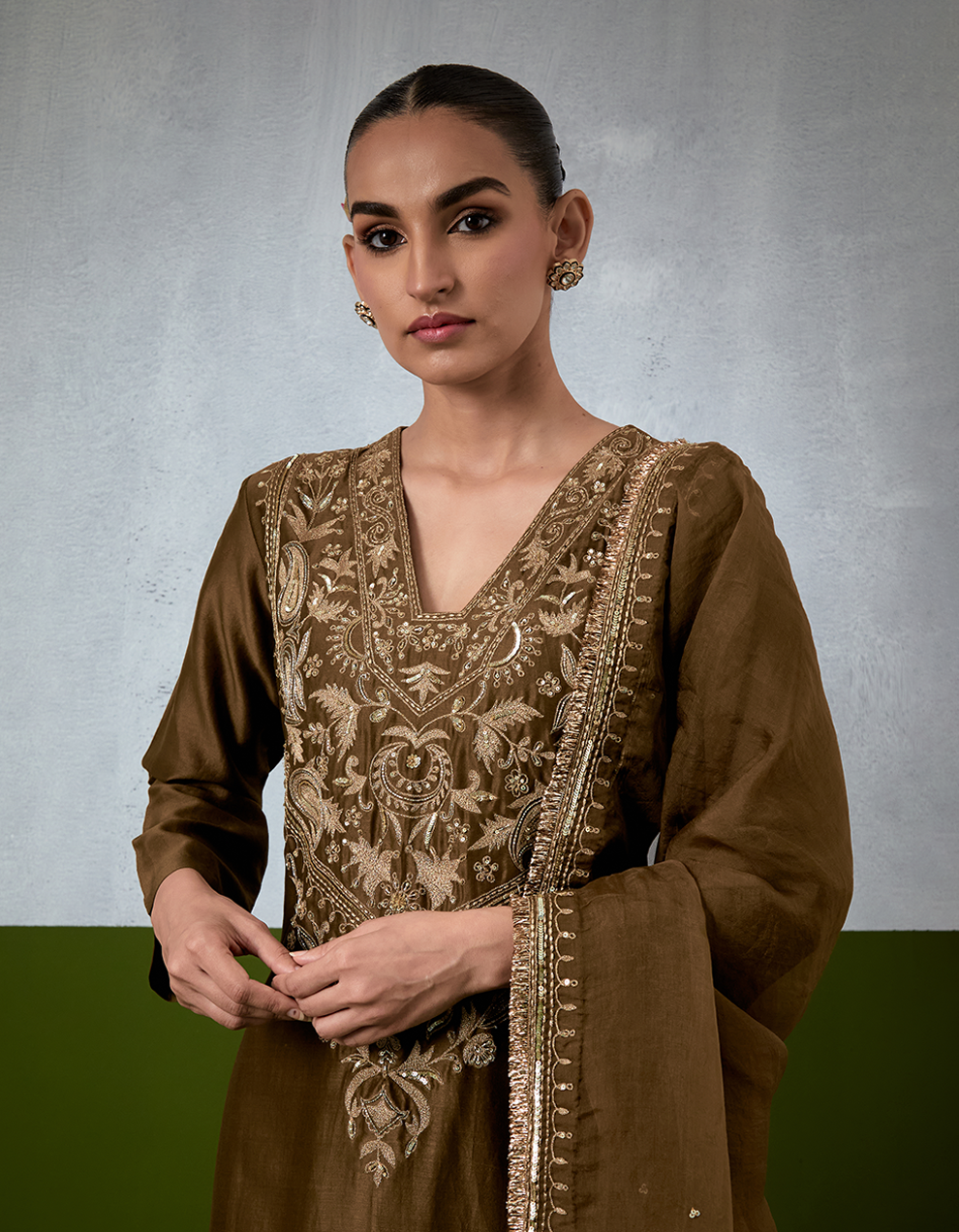 Olive Green Embroidered Suit Set