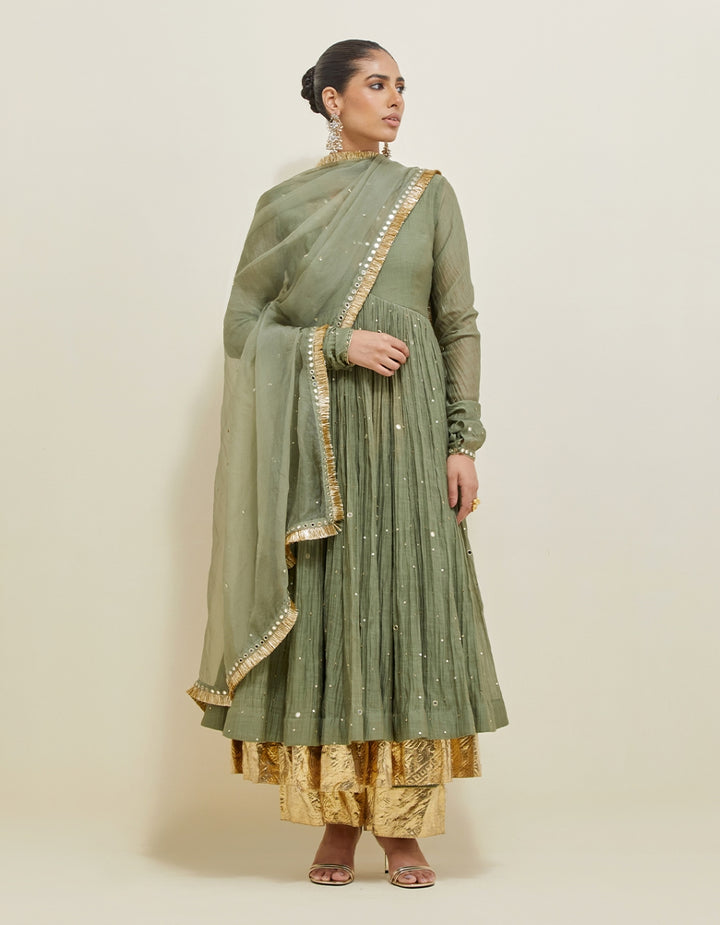 Olive Green Hand Embroidered Chanderi Anarkali Set