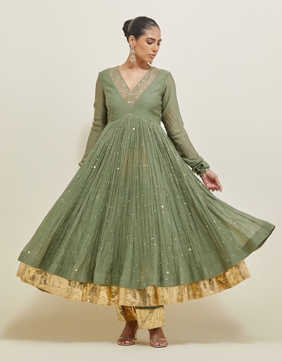 Olive Green Hand Embroidered Chanderi Anarkali Set