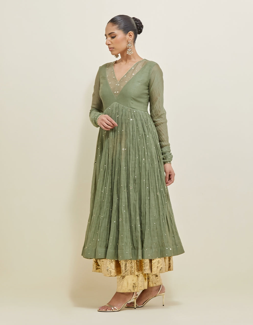 Olive Green Hand Embroidered Chanderi Anarkali Set