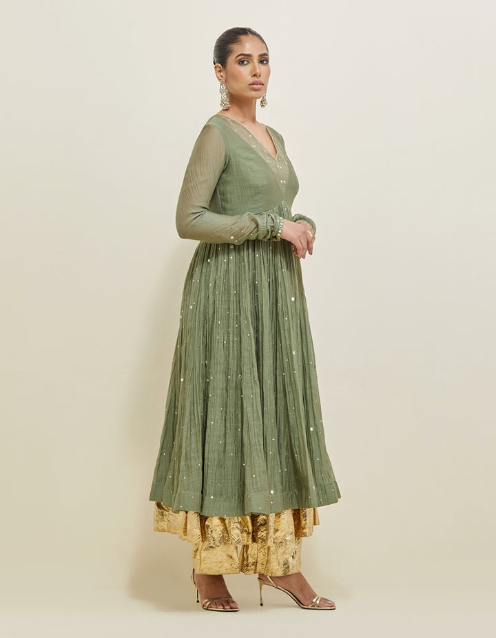 Olive Green Hand Embroidered Chanderi Anarkali Set