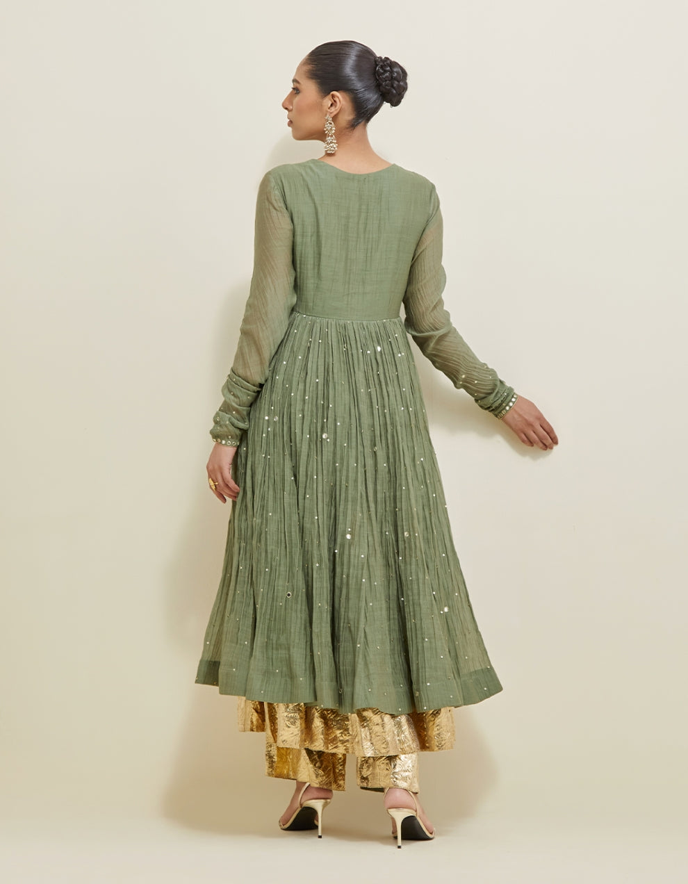Olive Green Hand Embroidered Chanderi Anarkali Set