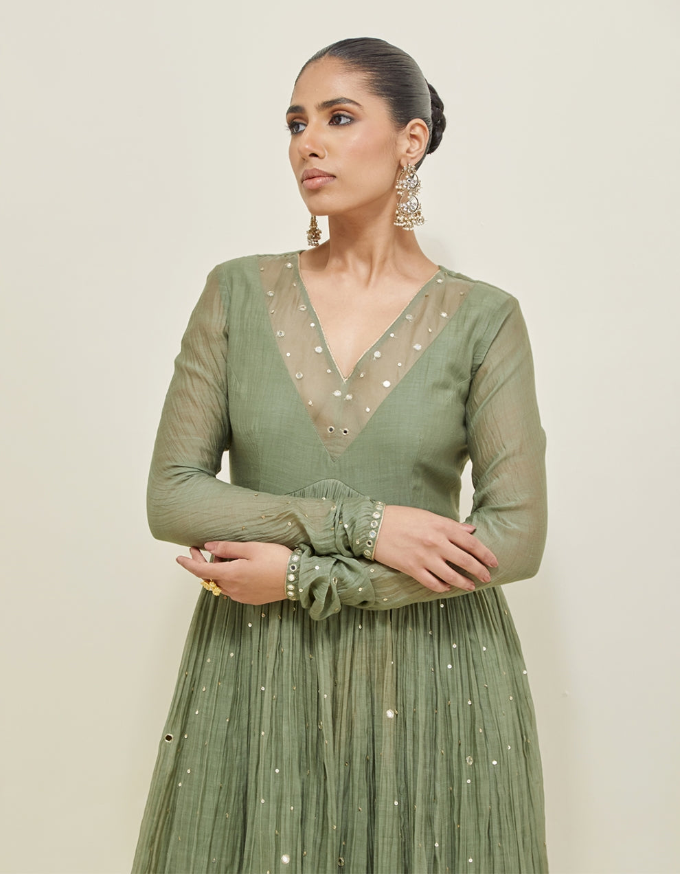 Olive Green Hand Embroidered Chanderi Anarkali Set
