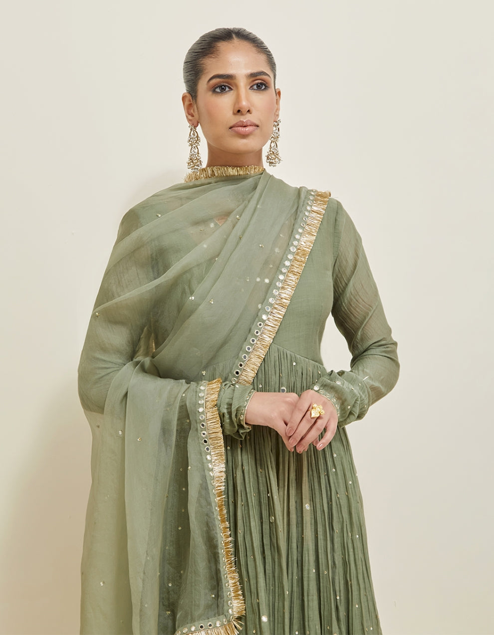 Olive Green Hand Embroidered Chanderi Anarkali Set