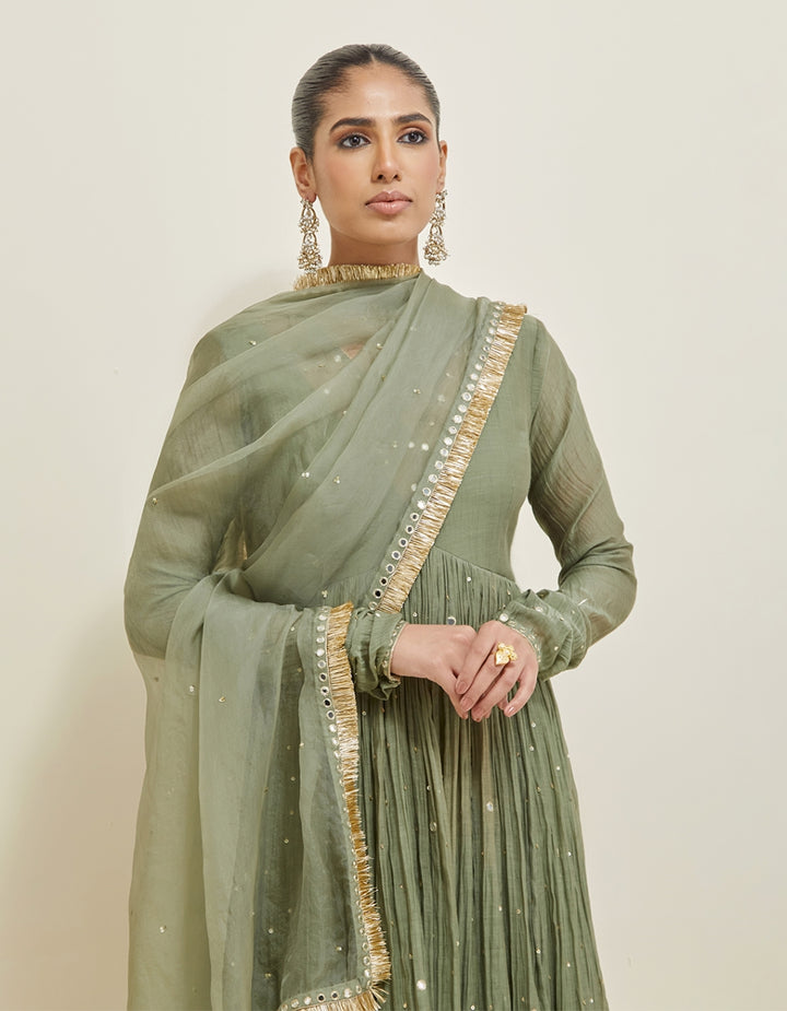 Olive Green Hand Embroidered Chanderi Anarkali Set