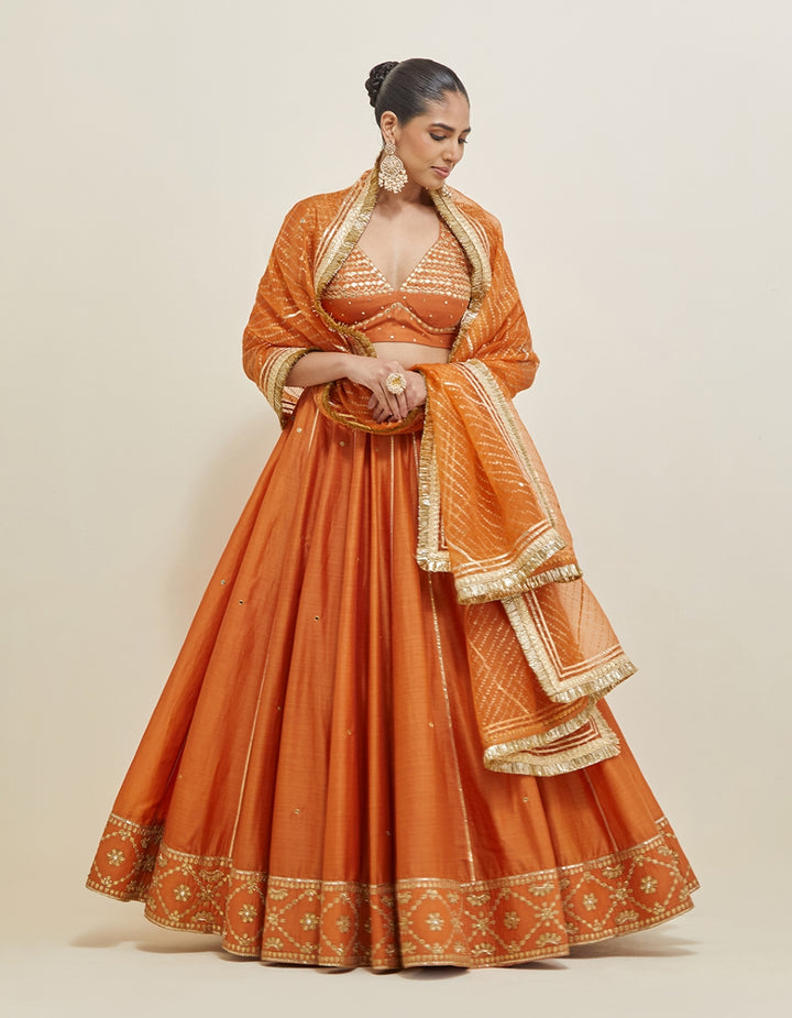 Orange Embroidered Chanderi Lehenga Set