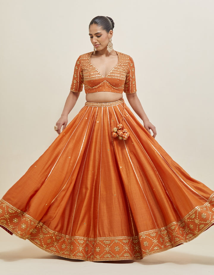 Orange Embroidered Chanderi Lehenga Set