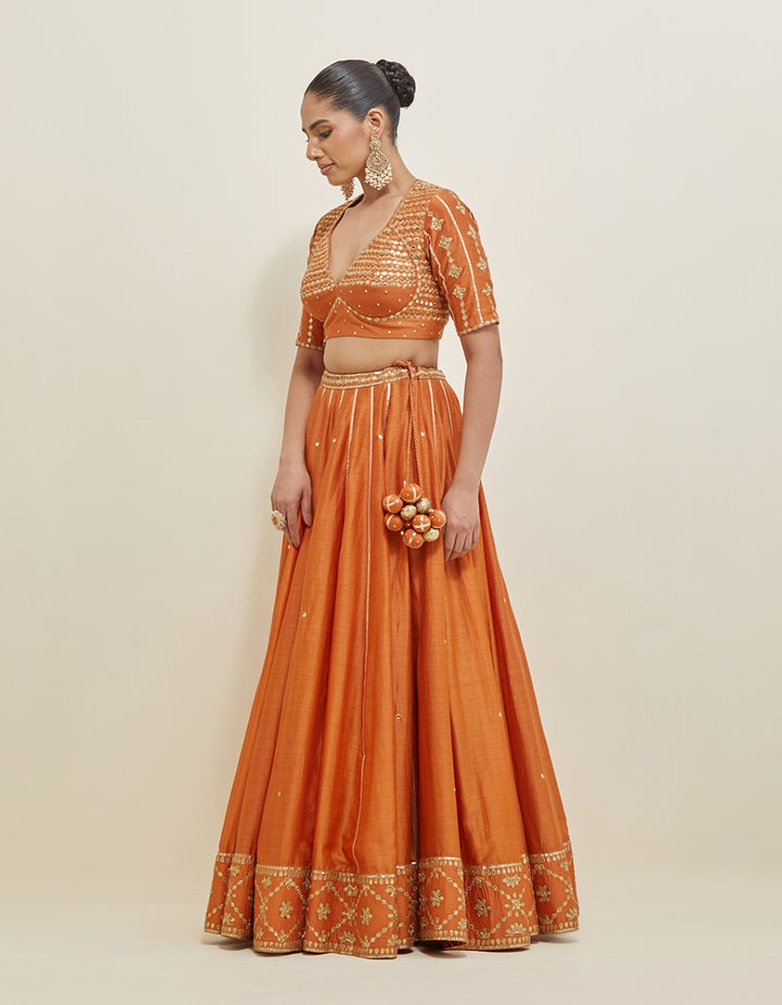 Orange Embroidered Chanderi Lehenga Set