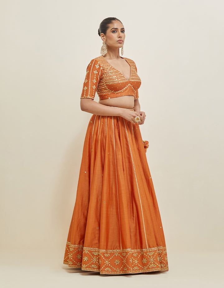 Orange Embroidered Chanderi Lehenga Set