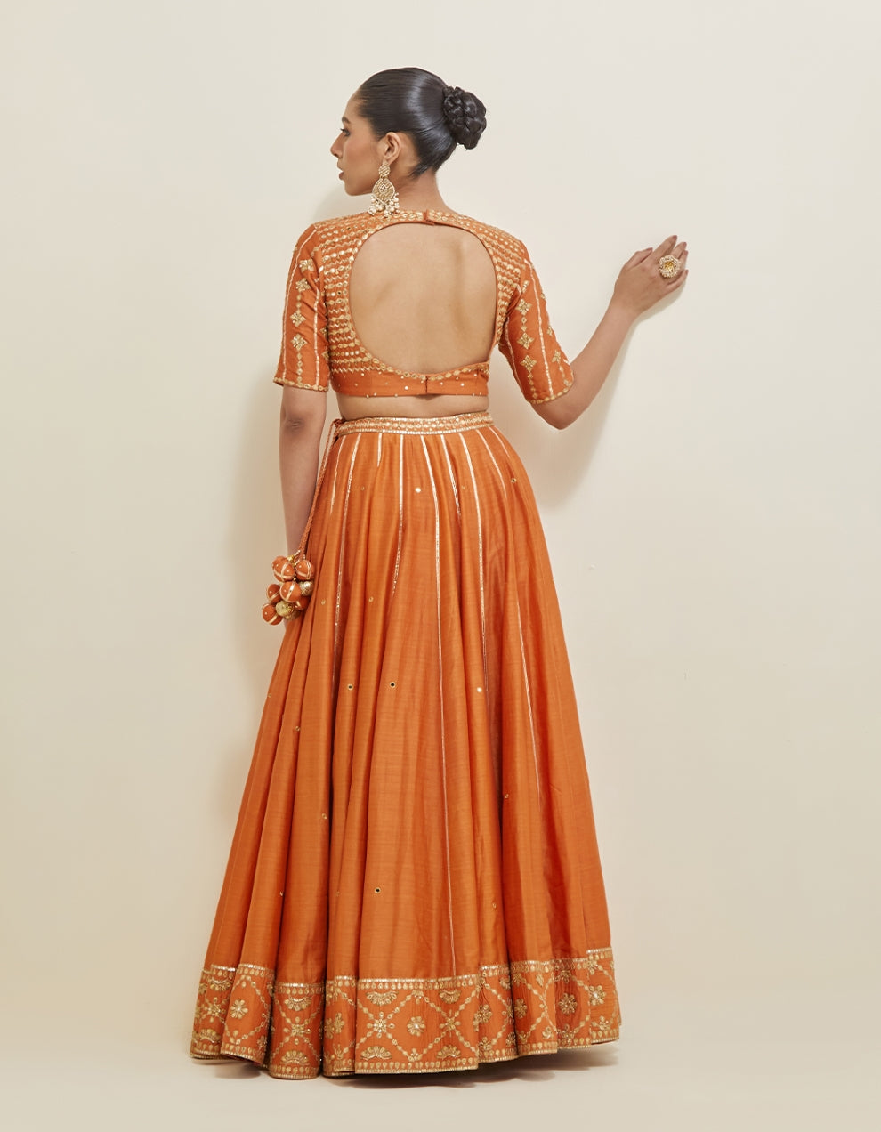 Orange Embroidered Chanderi Lehenga Set