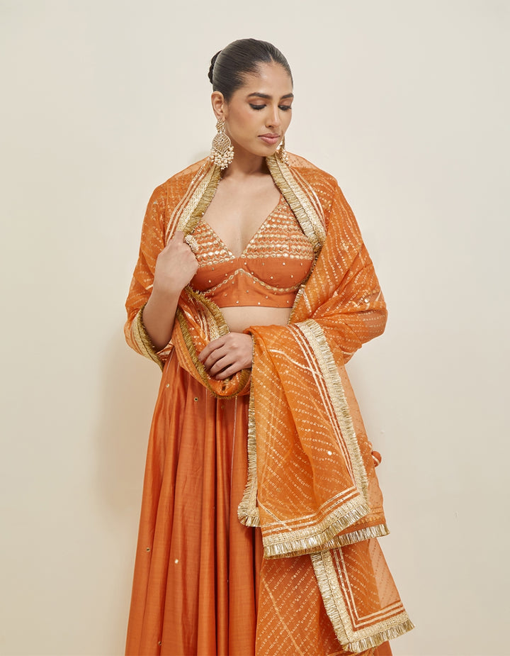Orange Embroidered Chanderi Lehenga Set