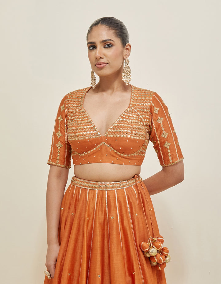 Orange Embroidered Chanderi Lehenga Set