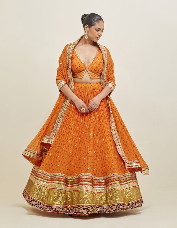 Orange Hand Embroidered Chanderi Lehenga Set
