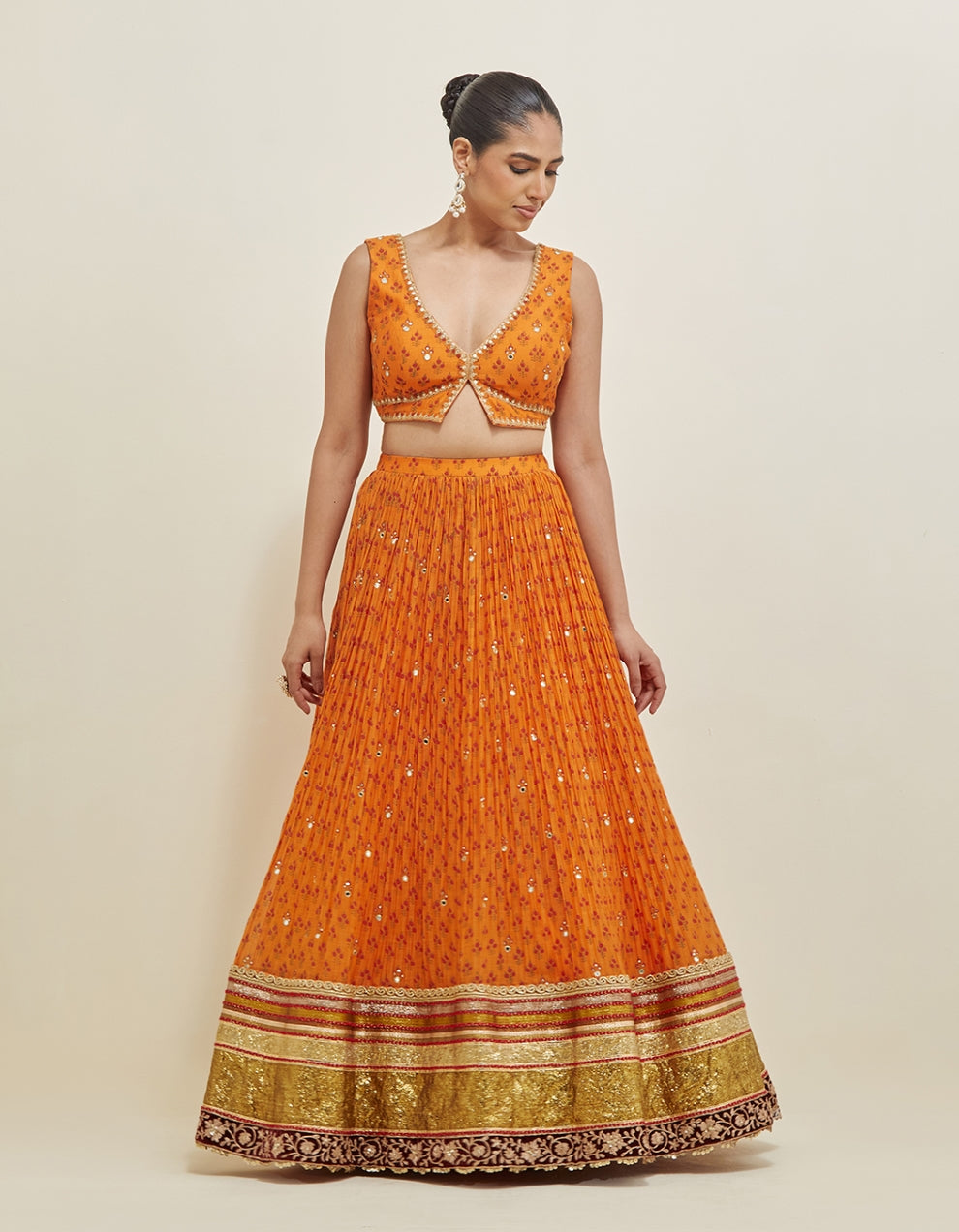 Orange Hand Embroidered Chanderi Lehenga Set