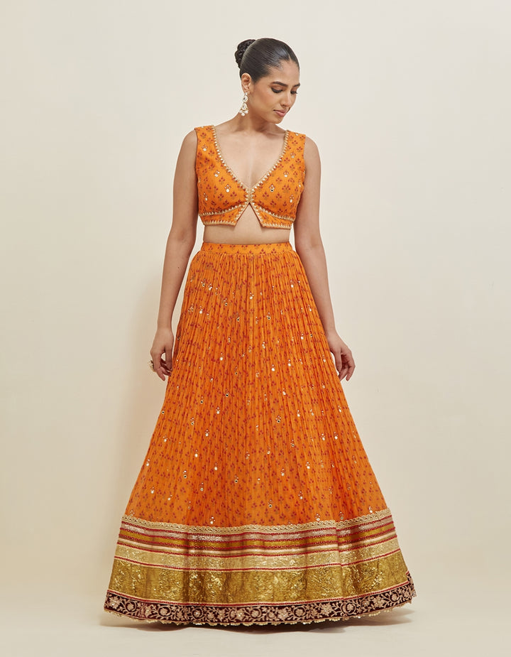 Orange Hand Embroidered Chanderi Lehenga Set