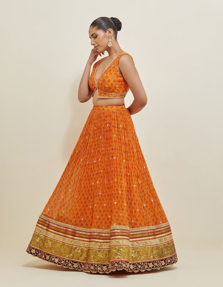 Orange Hand Embroidered Chanderi Lehenga Set