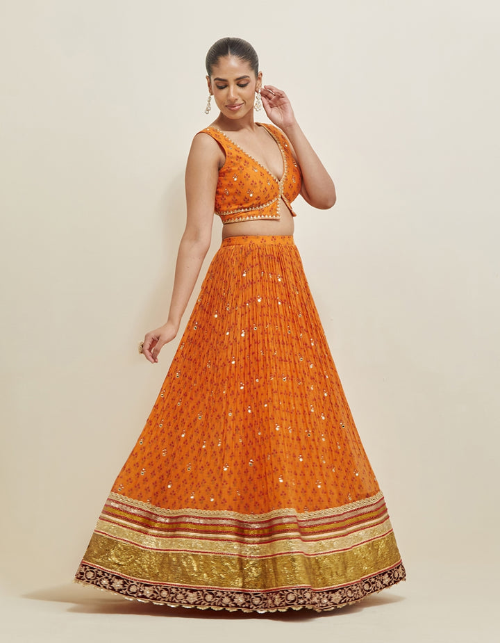 Orange Hand Embroidered Chanderi Lehenga Set