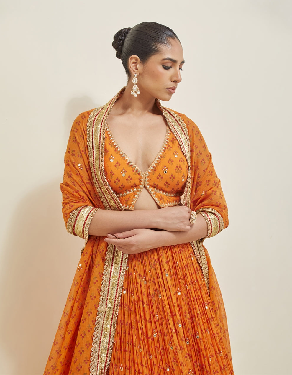 Orange Hand Embroidered Chanderi Lehenga Set
