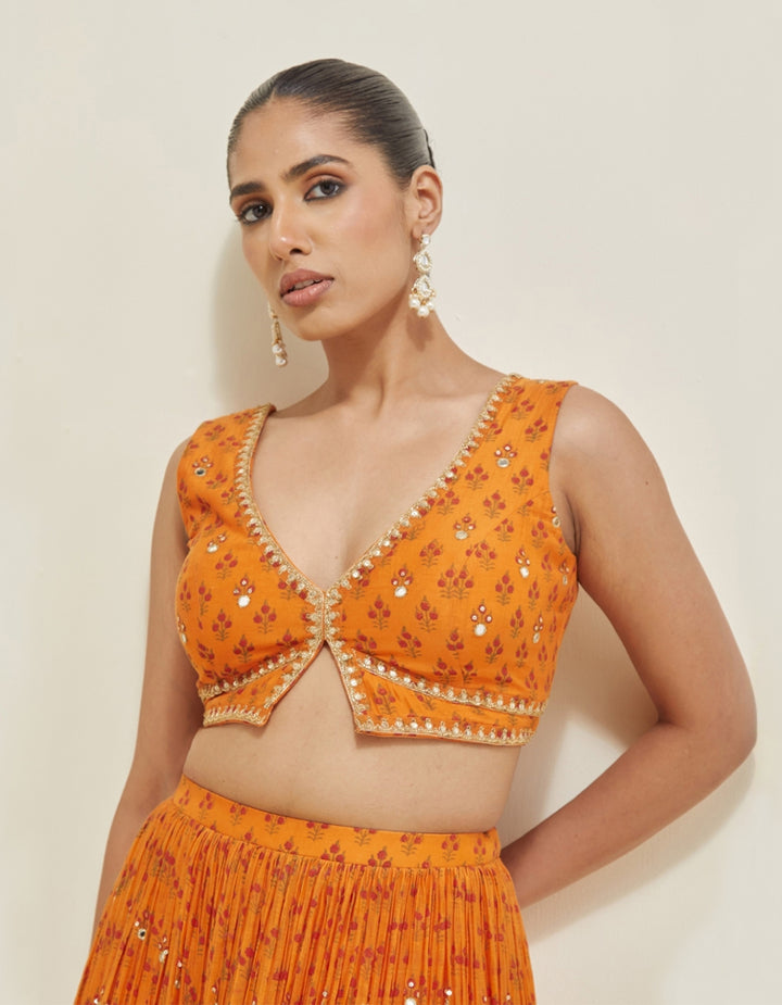 Orange Hand Embroidered Chanderi Lehenga Set