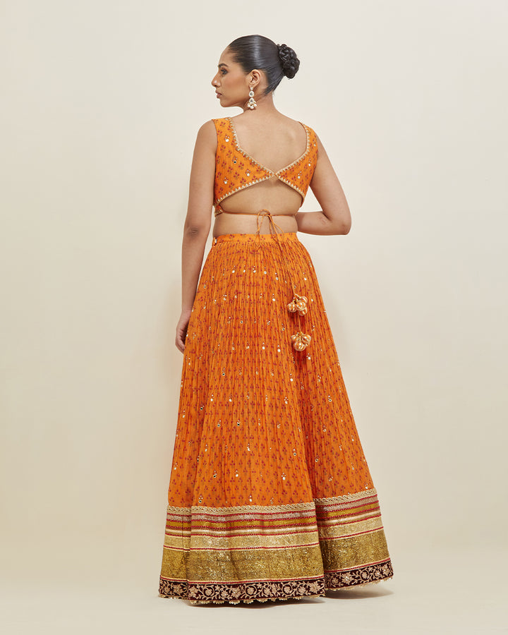 Orange Hand Embroidered Chanderi Lehenga Set