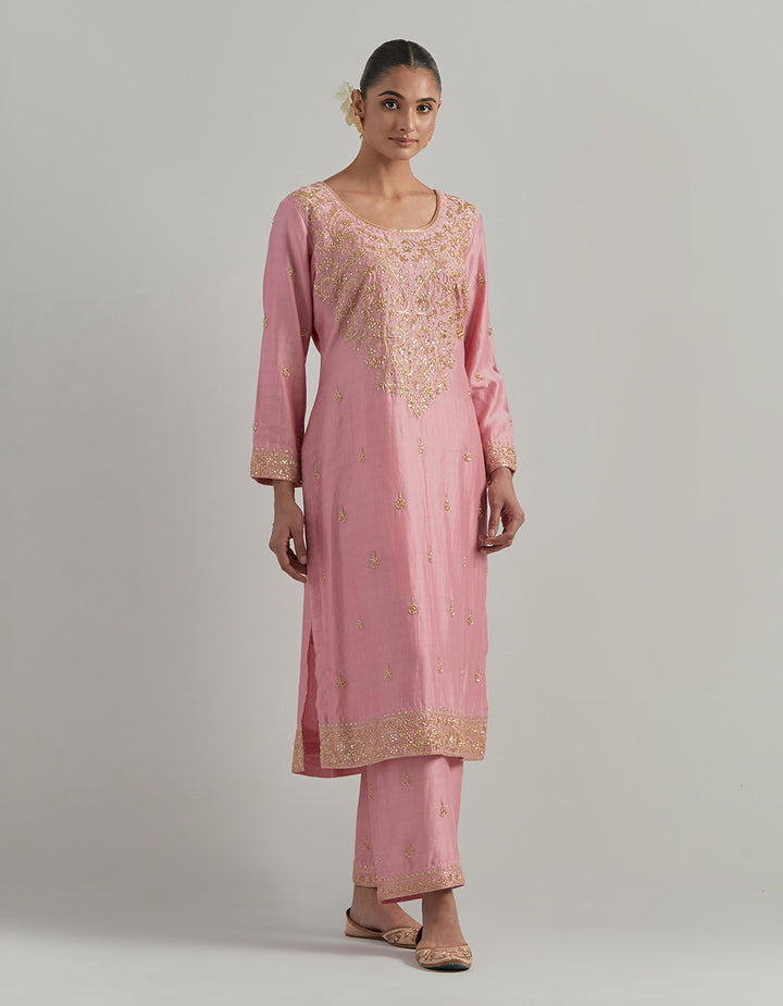 Pink Embroidered Chanderi Suit Set