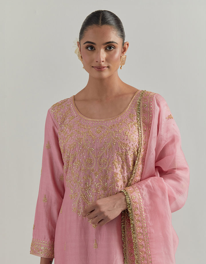 Pink Embroidered Chanderi Suit Set