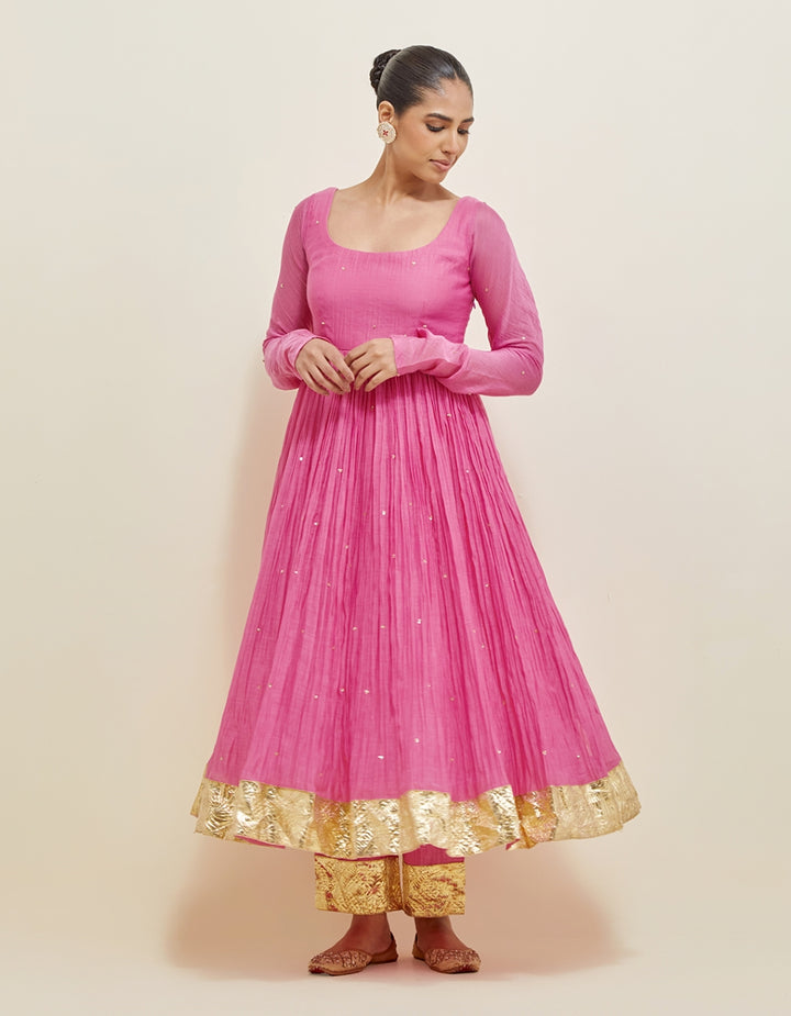 Pink Hand Embroidered Chanderi Anarkali Set
