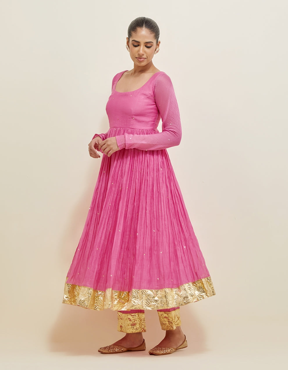 Pink Hand Embroidered Chanderi Anarkali Set