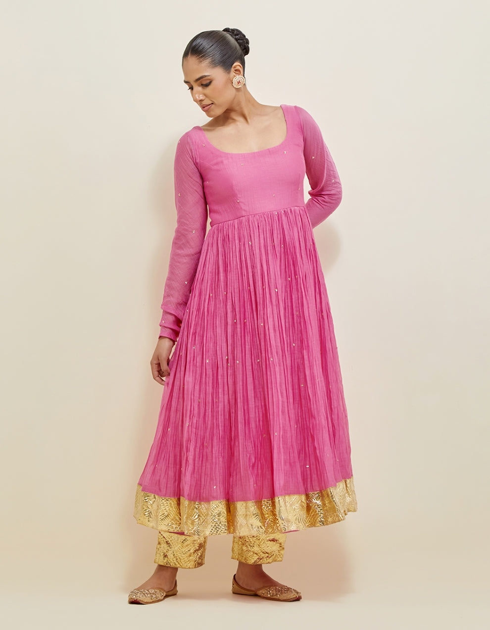 Pink Hand Embroidered Chanderi Anarkali Set