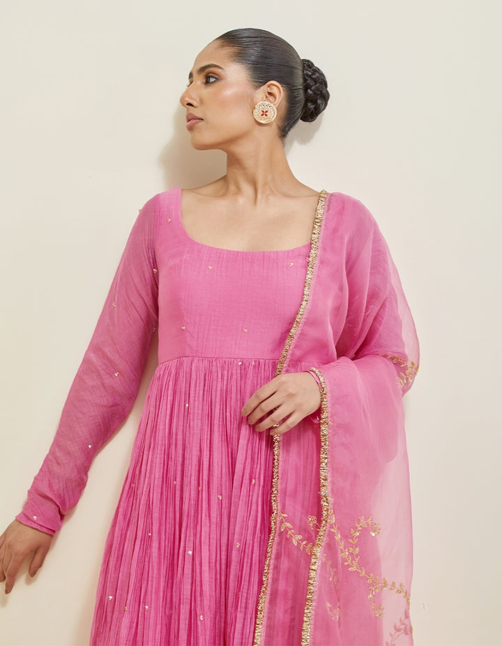 Pink Hand Embroidered Chanderi Anarkali Set