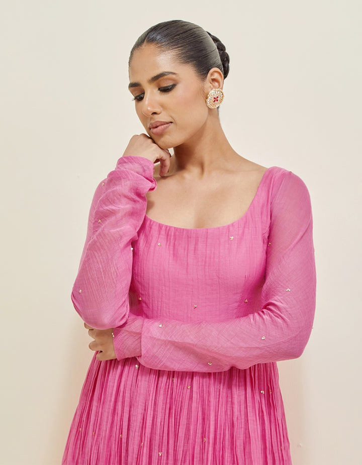 Pink Hand Embroidered Chanderi Anarkali Set