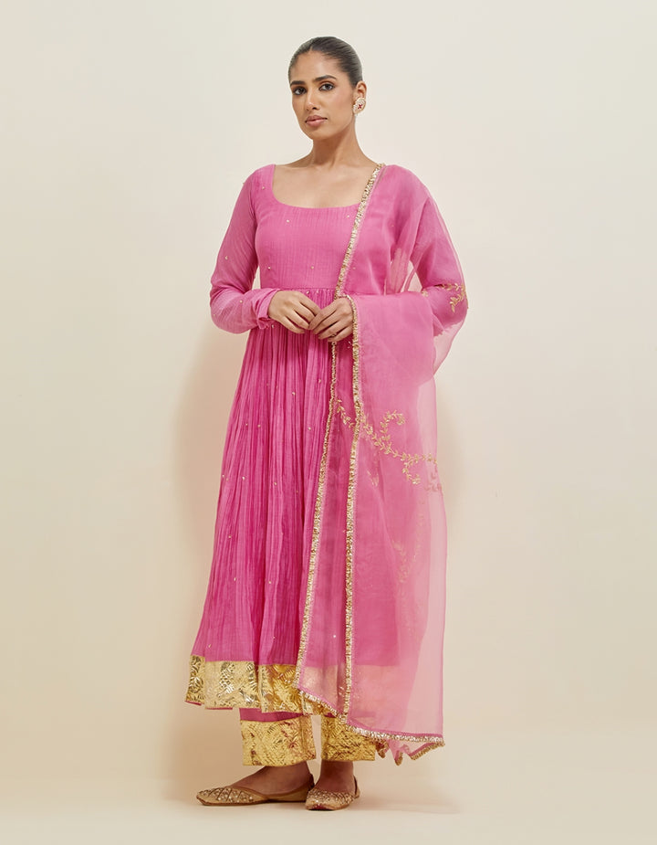 Pink Hand Embroidered Chanderi Anarkali Set