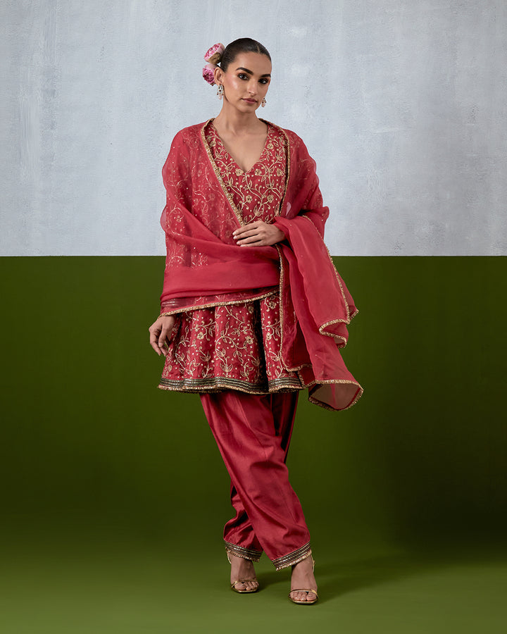 Pink Hand Embroidered Chanderi Suit Set