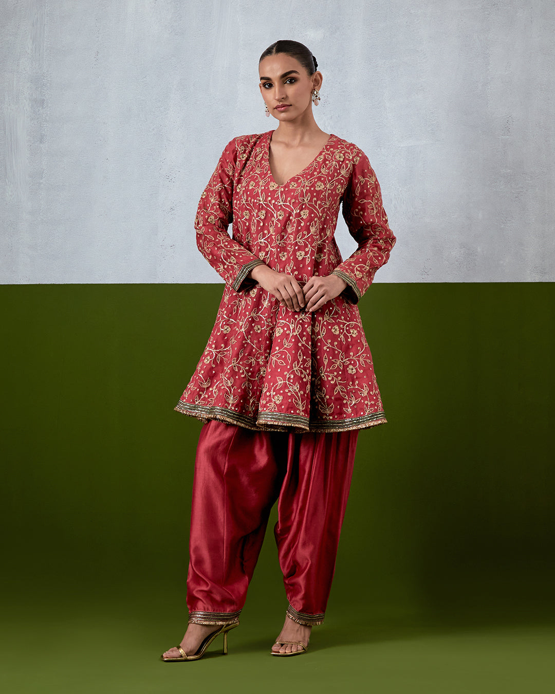 Pink Hand Embroidered Chanderi Suit Set